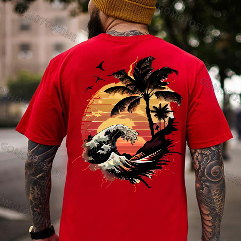 Seaside Sunset Tree and Flying Birds White Print T-Shirt