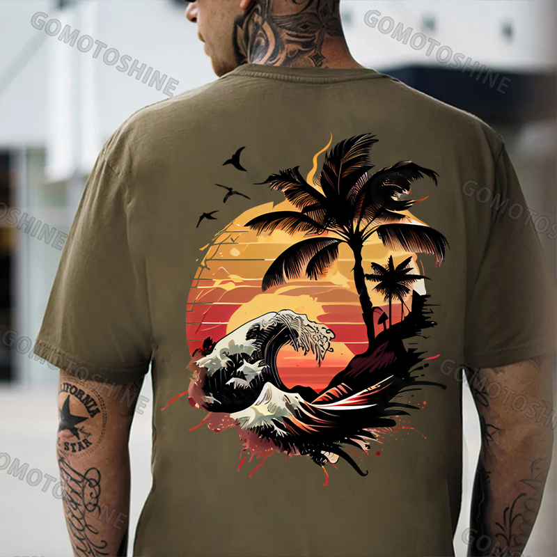 Seaside Sunset Tree and Flying Birds White Print T-Shirt