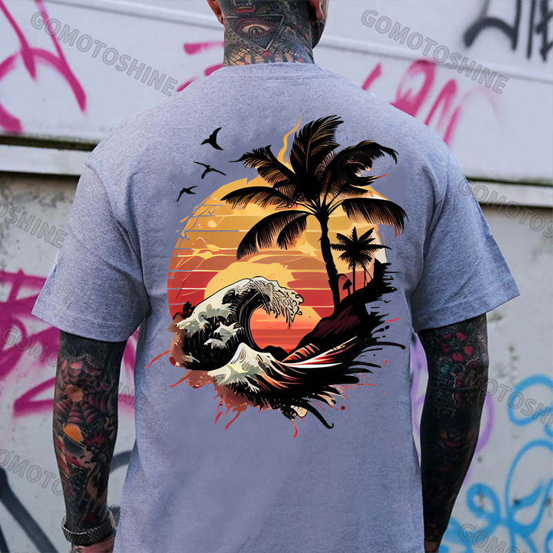 Seaside Sunset Tree and Flying Birds White Print T-Shirt