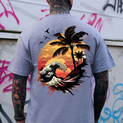 Seaside Sunset Tree and Flying Birds White Print T-Shirt