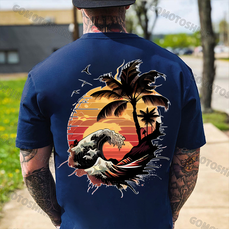 Seaside Sunset Tree and Flying Birds White Print T-Shirt