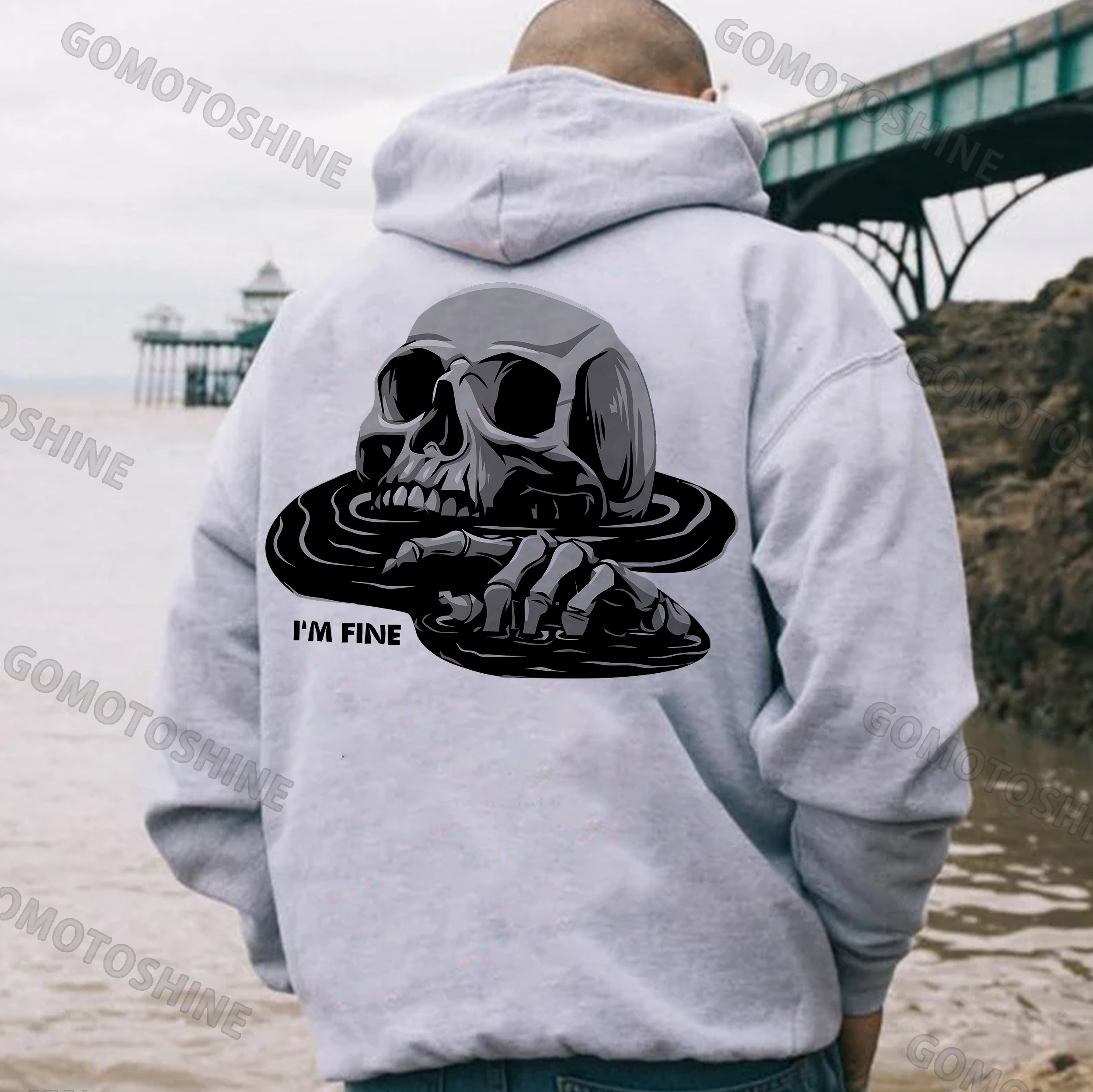 I'M FINE Drowning Skull Black Print Hoodie