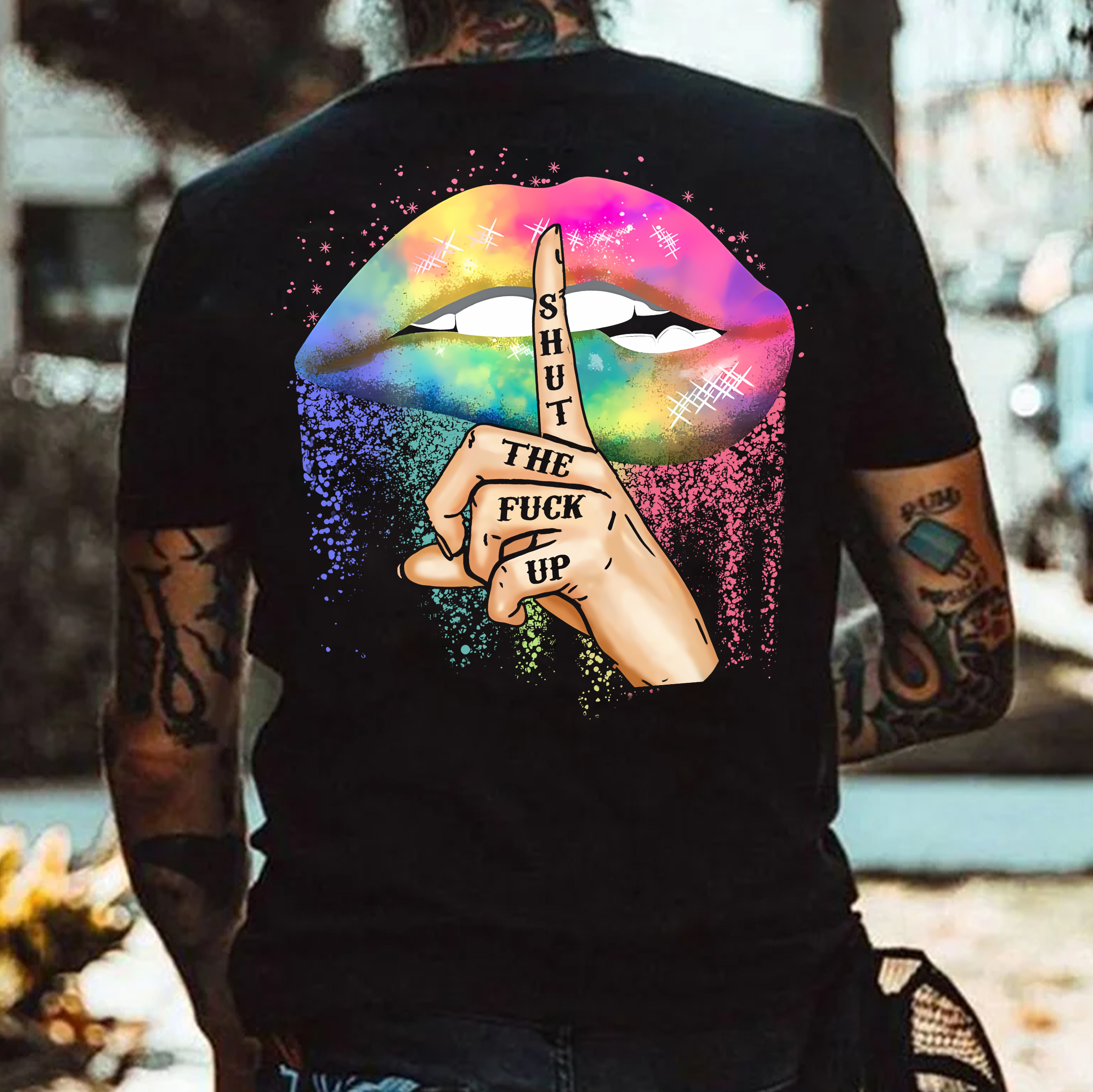 SHUT THE FUCK UP Iridescent Lips Print Men's T-shirt