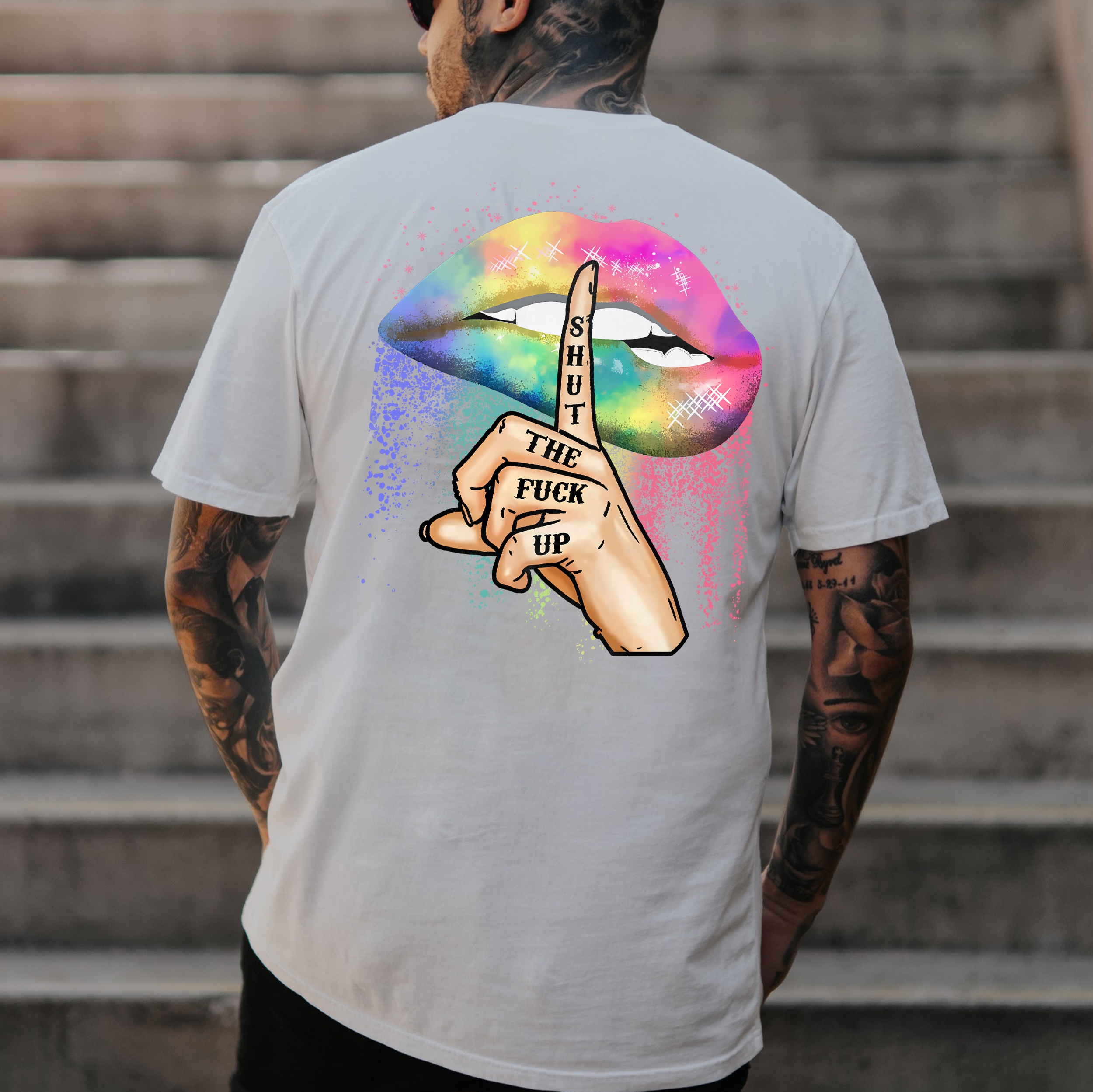 SHUT THE FUCK UP Iridescent Lips Print Men's T-shirt