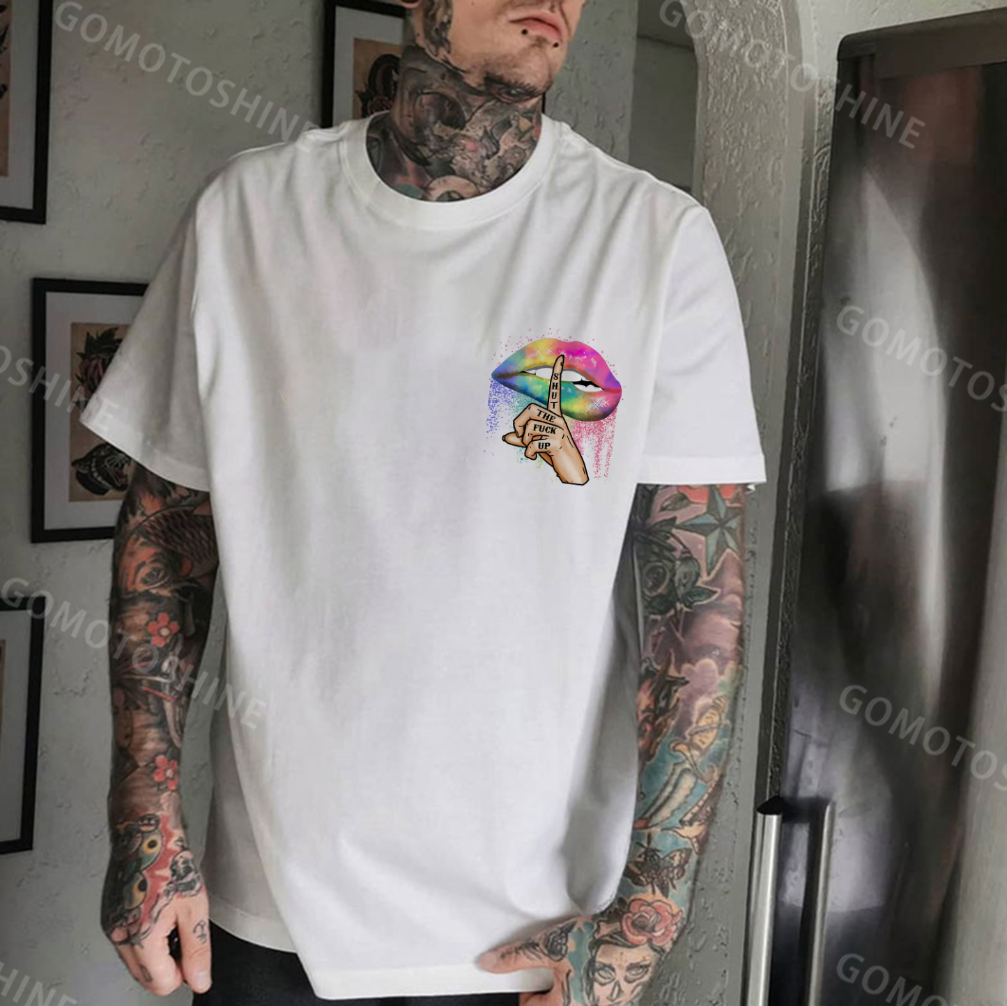 SHUT THE FUCK UP Iridescent Lips Print Men's T-shirt