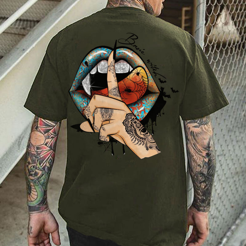 Keep Silence Gothic Style Lips Print Men's T-shirt