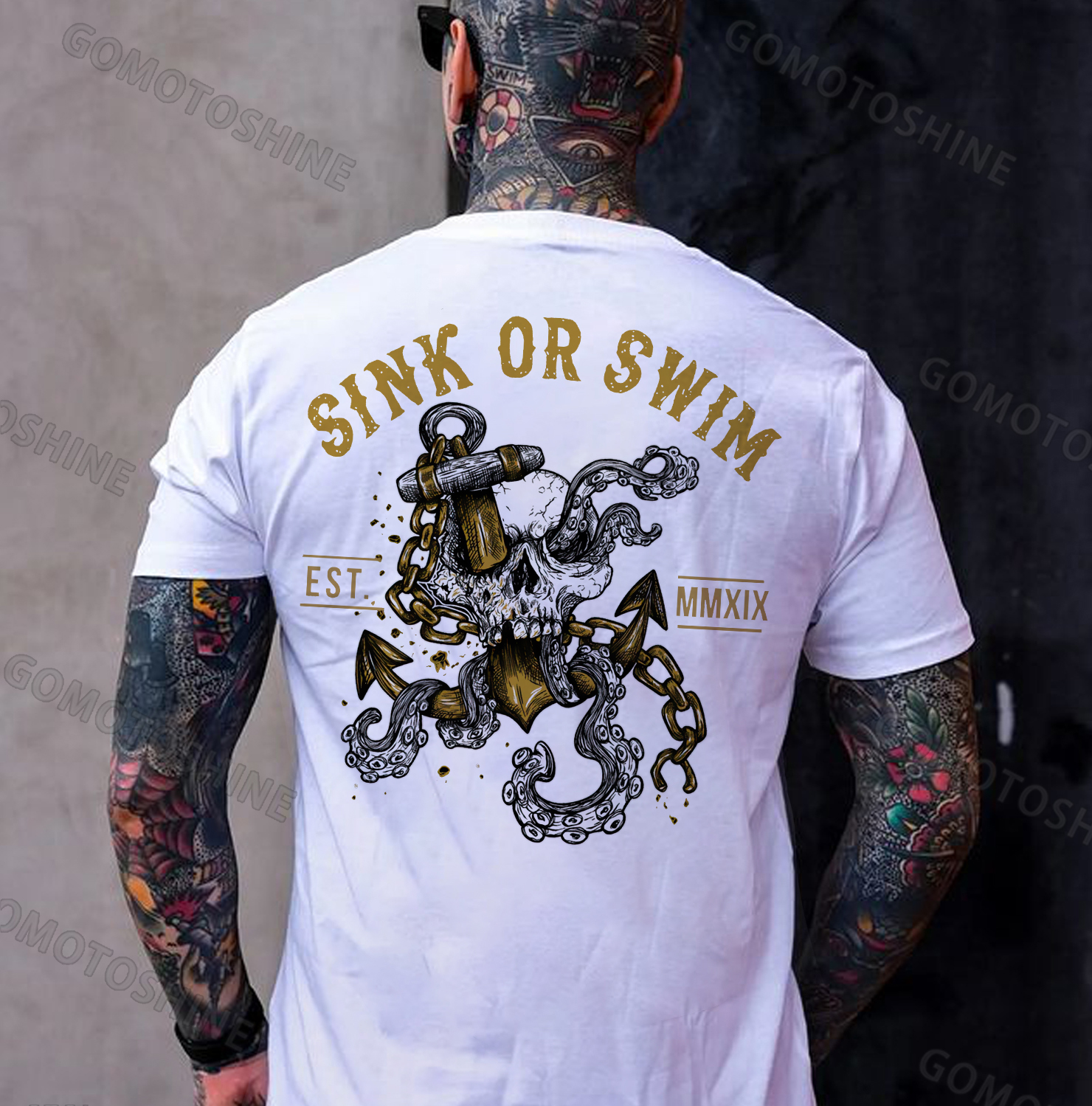 SINK OR SWIN Skull With Dagger&Octopus Tentacles Print Men's T-shirt