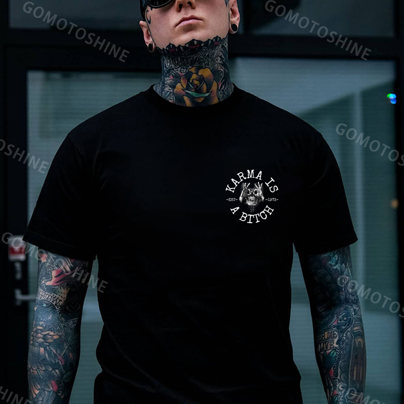 KARMA IS A BITCH Skull With OK Print Men's T-Shirt Image - 2