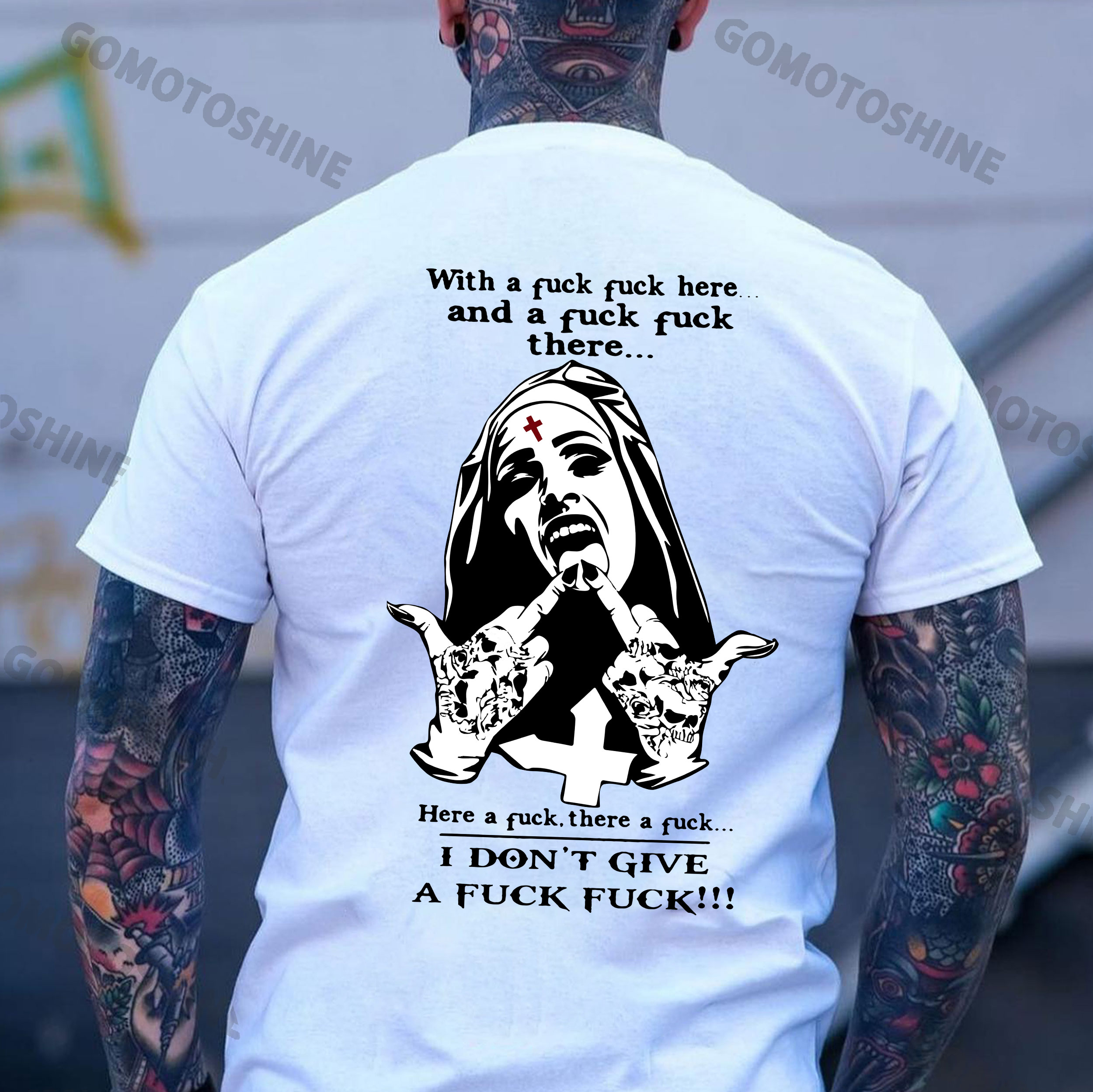 WITH A FUCK FUCK HERE AND A FUCK FUCK THERE Defiant Nun Print Men's T-Shirt