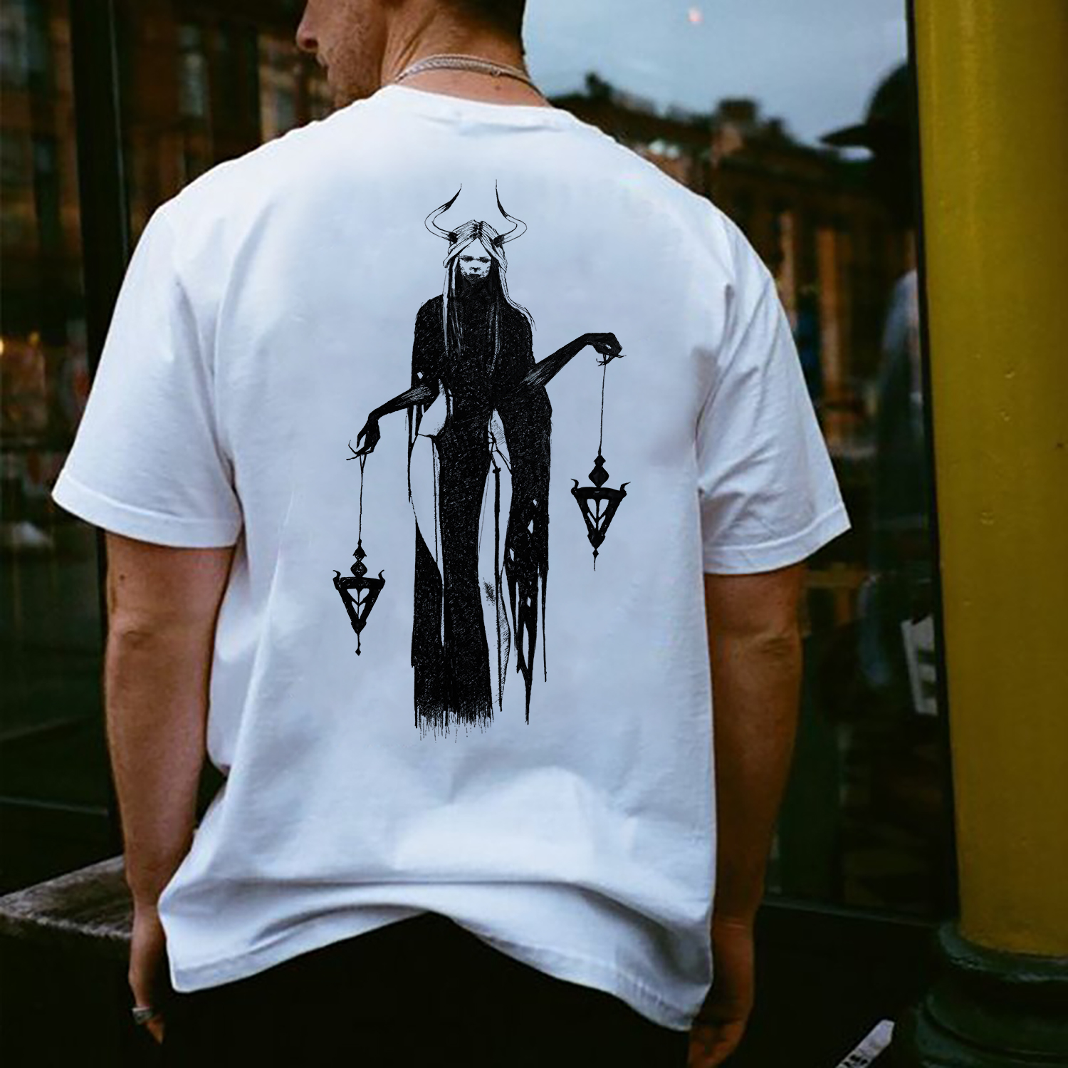 Devil Witch with Light The Night Comer White Print T-shirt