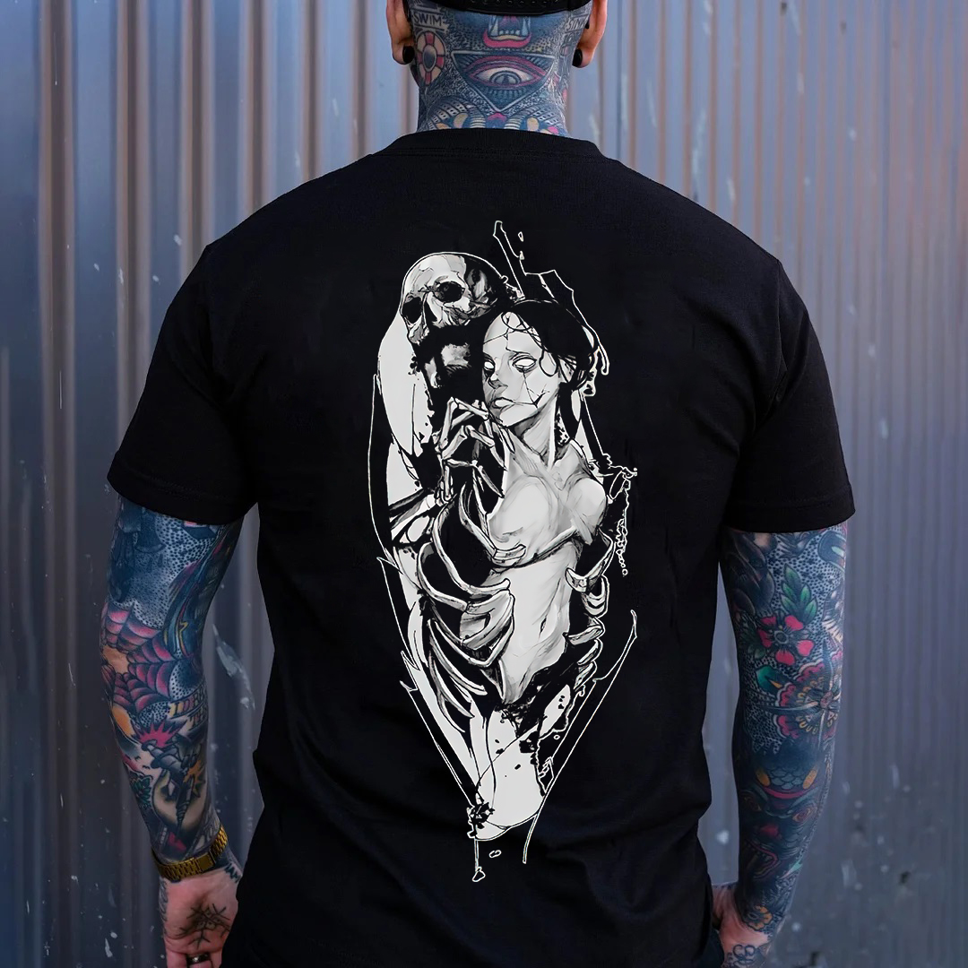 Skeleton Girl Demon Hellish Style Black Print T-shirt