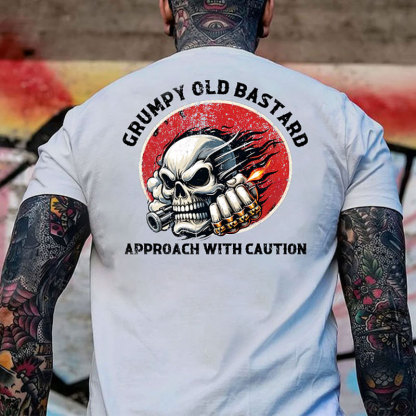 GRUMPY OLD BASTARD APPROACH WITH CAUTION Skull Black Print T-shirt