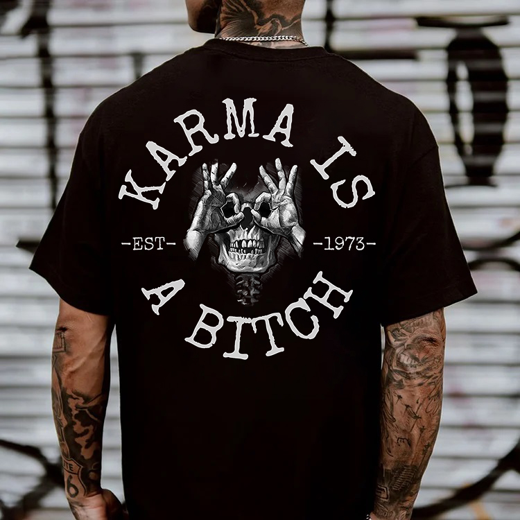 KARMA IS A BITCH Skull With OK Print Men's T-Shirt Image - 1