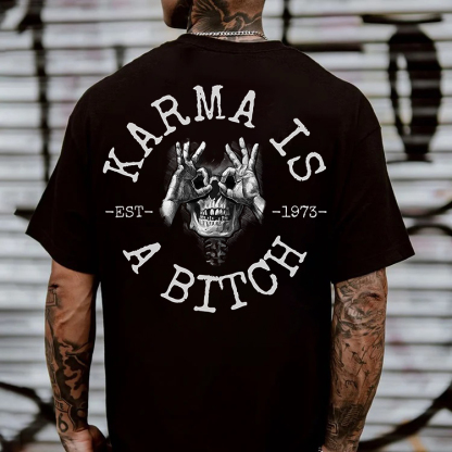 KARMA IS A BITCH Skull With OK Print Men's T-Shirt Image - 1