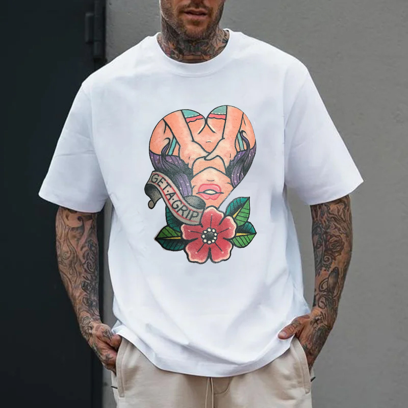 GET A GRIP Sexy Lady with Flowers Black Print T-Shirt