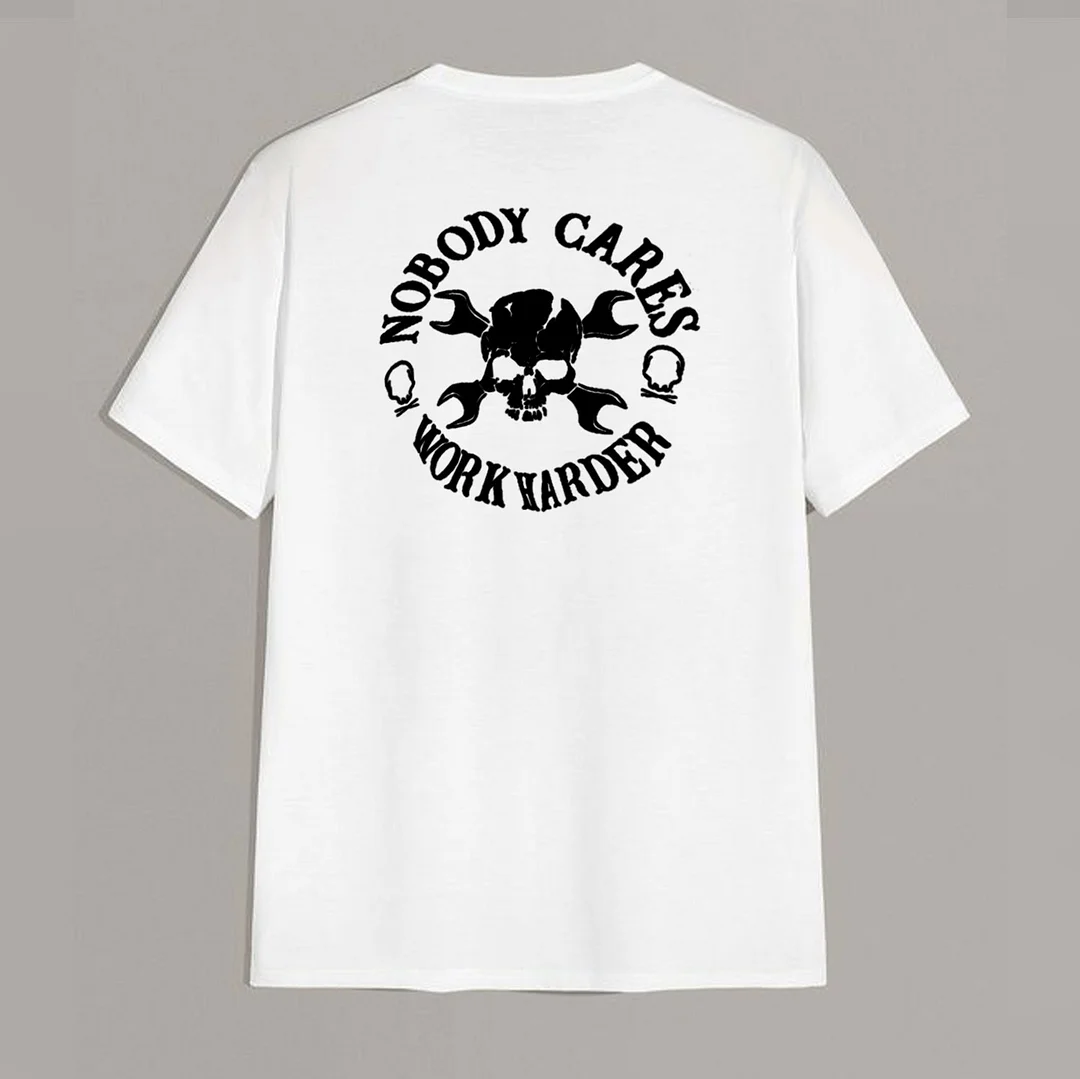 NOBODY CARES, WORK HARDER Skulls with Handles Black Print T-shirt