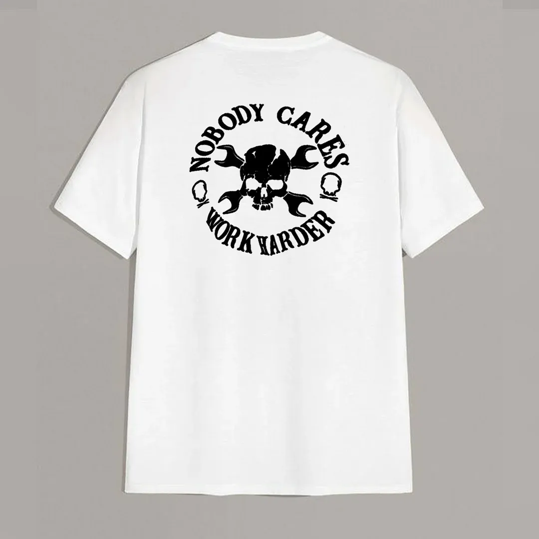 NOBODY CARES, WORK HARDER Skulls with Handles Black Print T-shirt