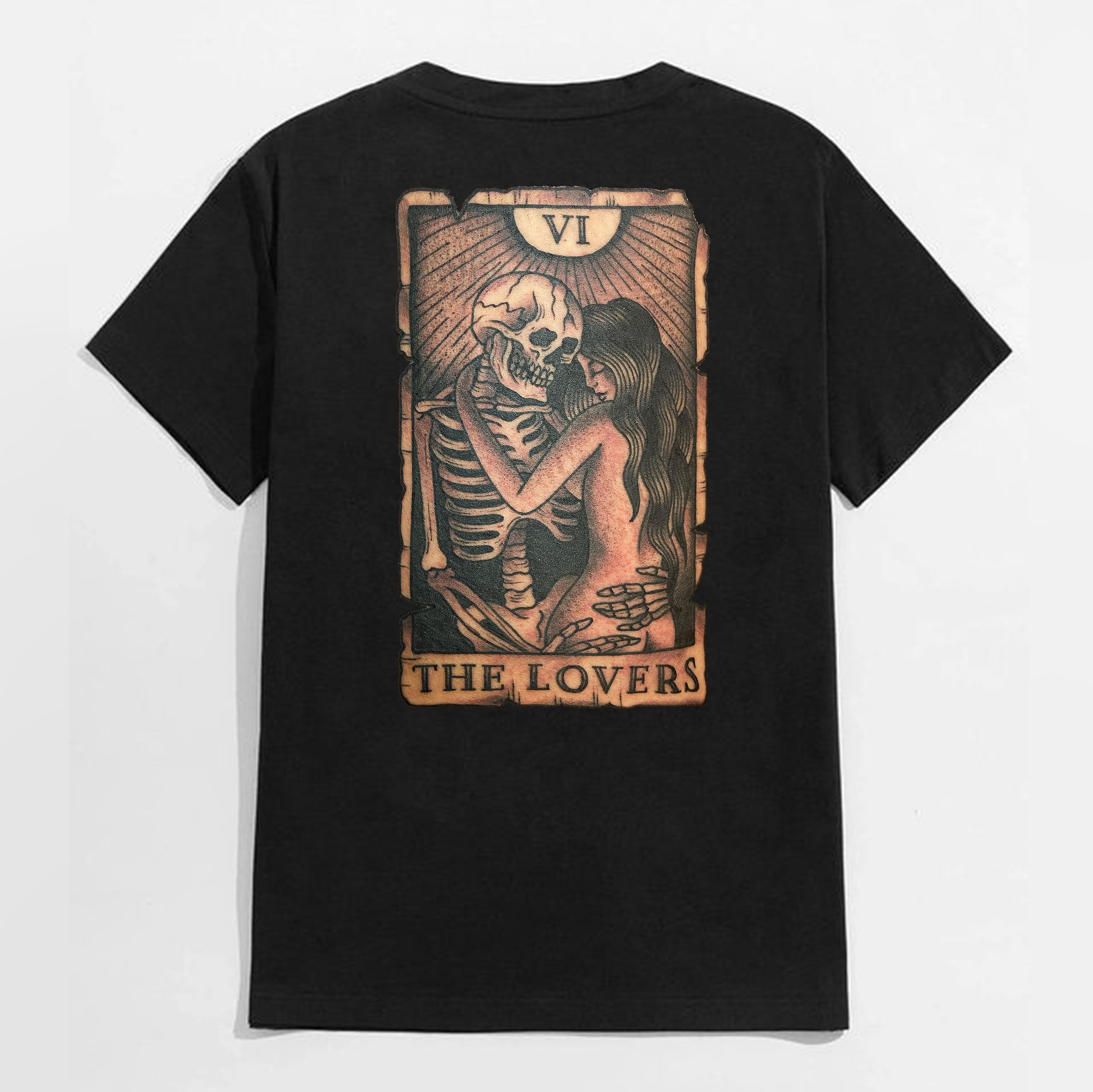 THE LOVERS Skull and Lady on the Tarot Black Print T-shirt