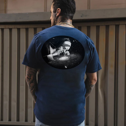 Nun Smoking Dark Style Black Print T-shirt