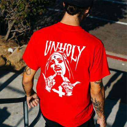 UNHOLY Nun with Crucifix on Forehead Graphic Casual Black Print T-shirt