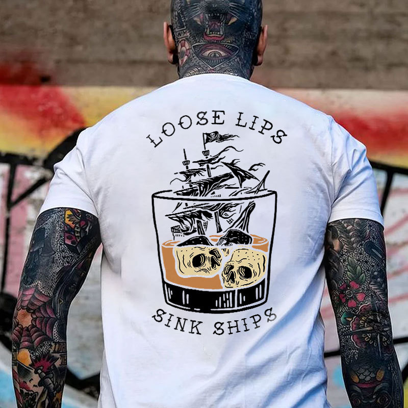 LOOSE LIPS SINK SHIPS Skulls Ship in the Water Graphic White Print T-s