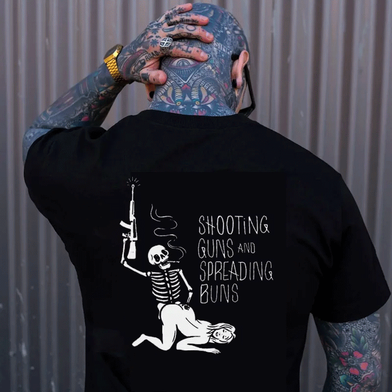 SHOOTING GUNS AND SPREADING BUNS Skull with Sexy Lady Print T-shirt
