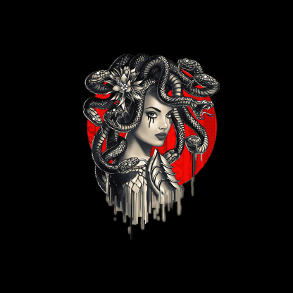 Dark Witch with Snakes Around Her Graphic Casual White Print T-shirt