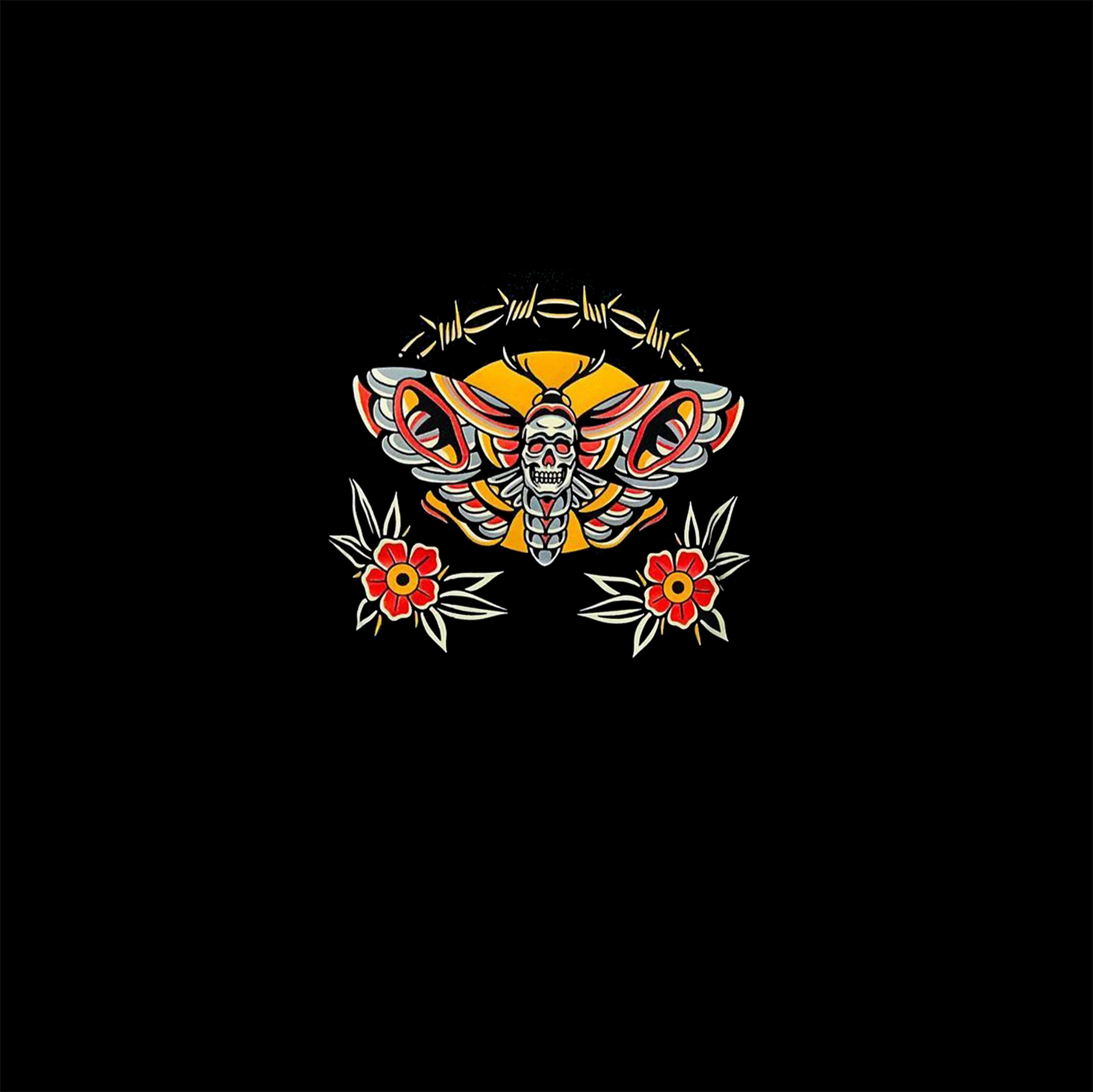 Skull Butterfly with Flowers Black Print T-Shirt