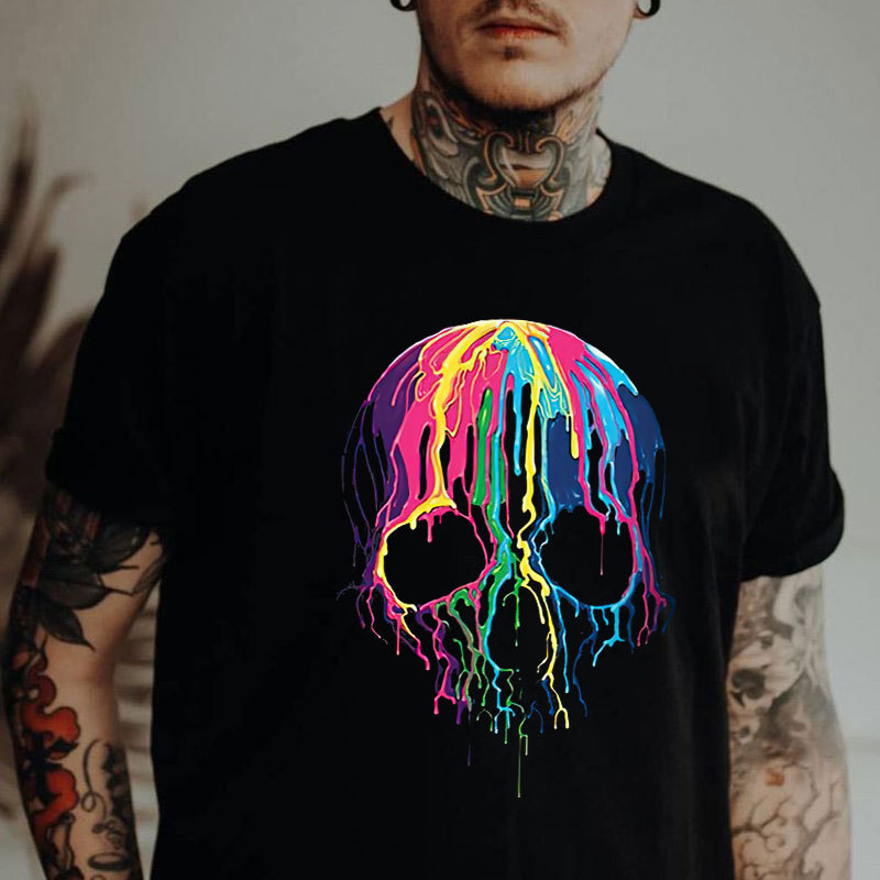 Rainbow Pigment on the Skull Black Print T-Shirt