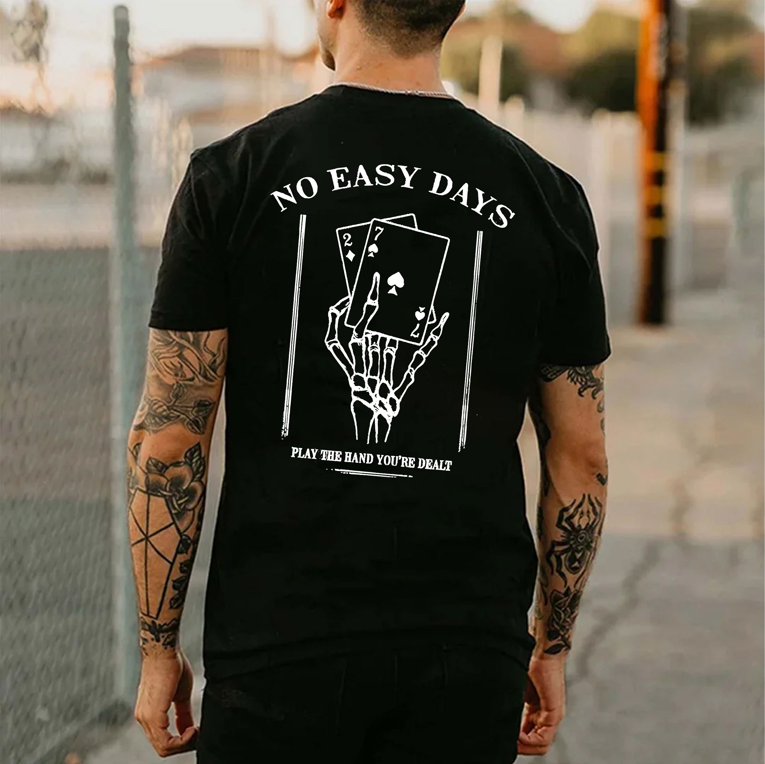 NO EASY DAYS Bone Hands with Pokers Black Print T-shirt