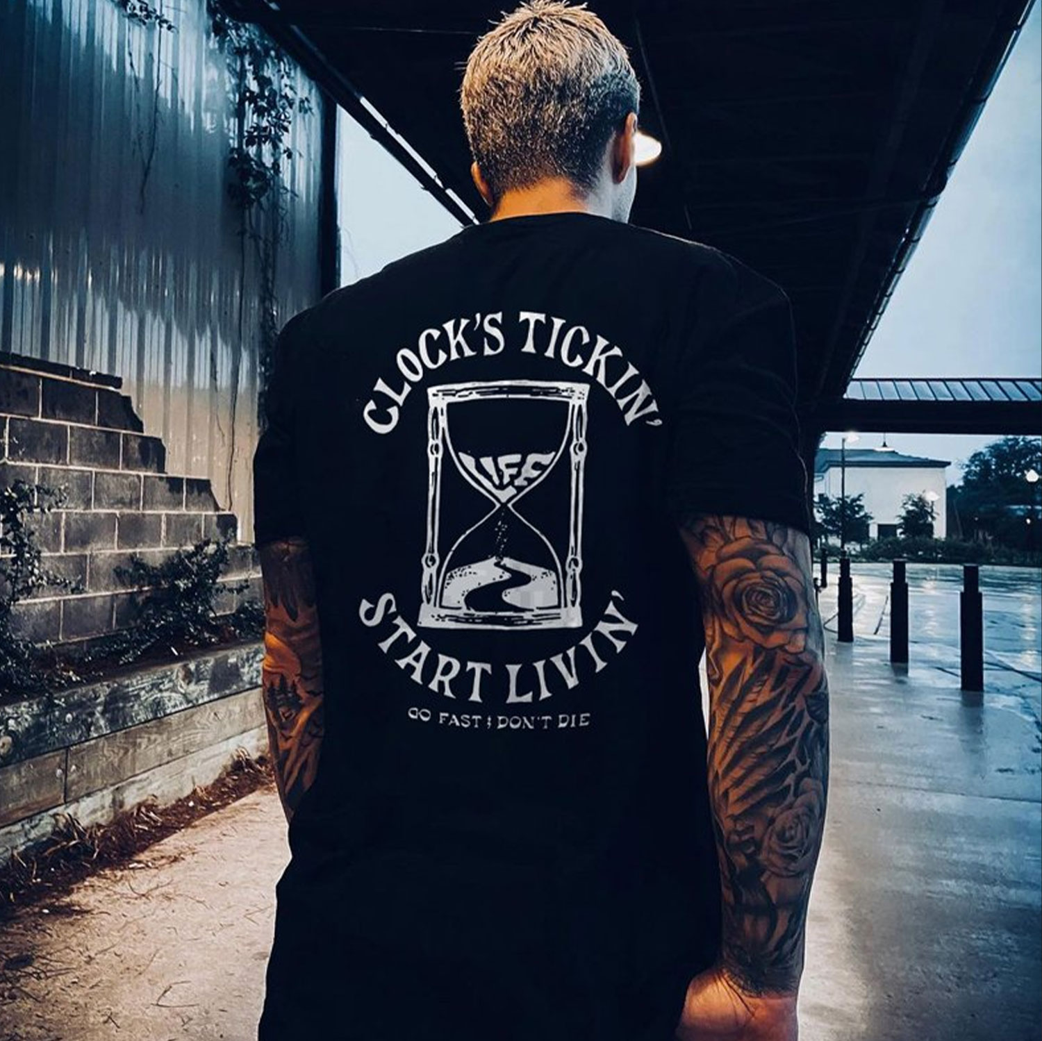 CLOCK’S TICKING START LIVING Funnel Graphic Casual Black Print T-shirt