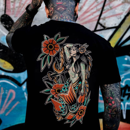 Mythology Goddess with Flowers Graphic Casual Black Print T-shirt