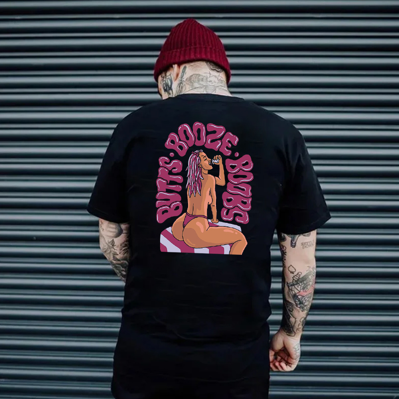 BUTTS BOOZE BOOBS Sexy Lady Casual Black Print T-shirt