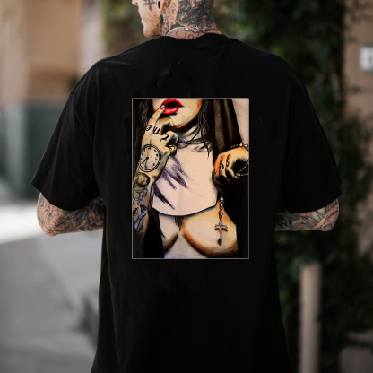 MOTOSUNNY Naked Lady Graphic Vintage Style Black Print T-shirt