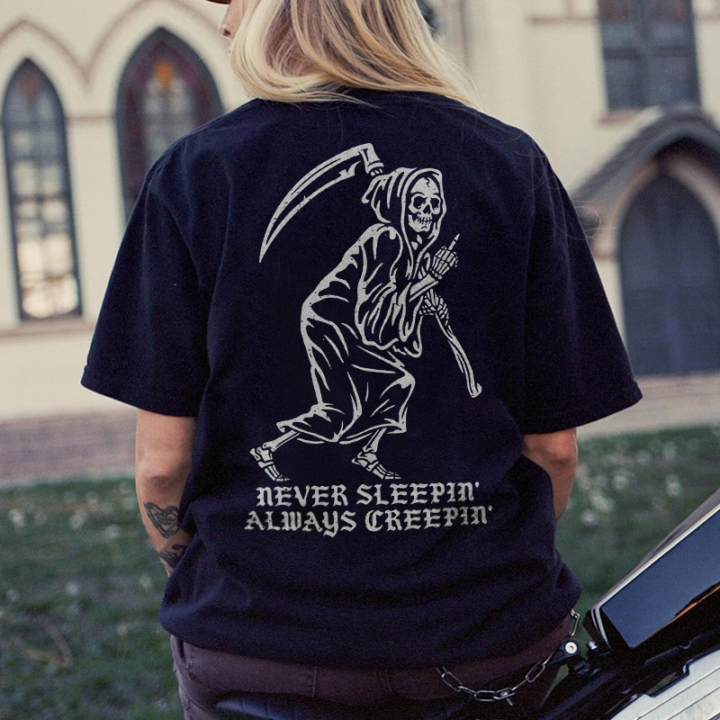 NEVER SLEEPIN ALWAYS CREEPIN Skeleton With Sickle Print Women's T-shirt