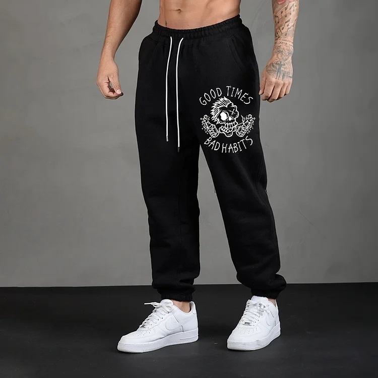 GOOD TIMES BAD HABITS Funny Skull Men's Print Sweatpants
