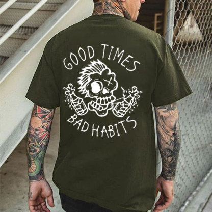 GOOD TIMES, BAD HABITS Funny Skull White Print T-shirt