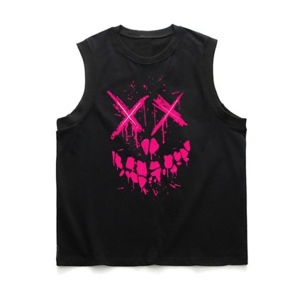 Fluorescent Pink Evil Emoji Graphic Black Print Vest