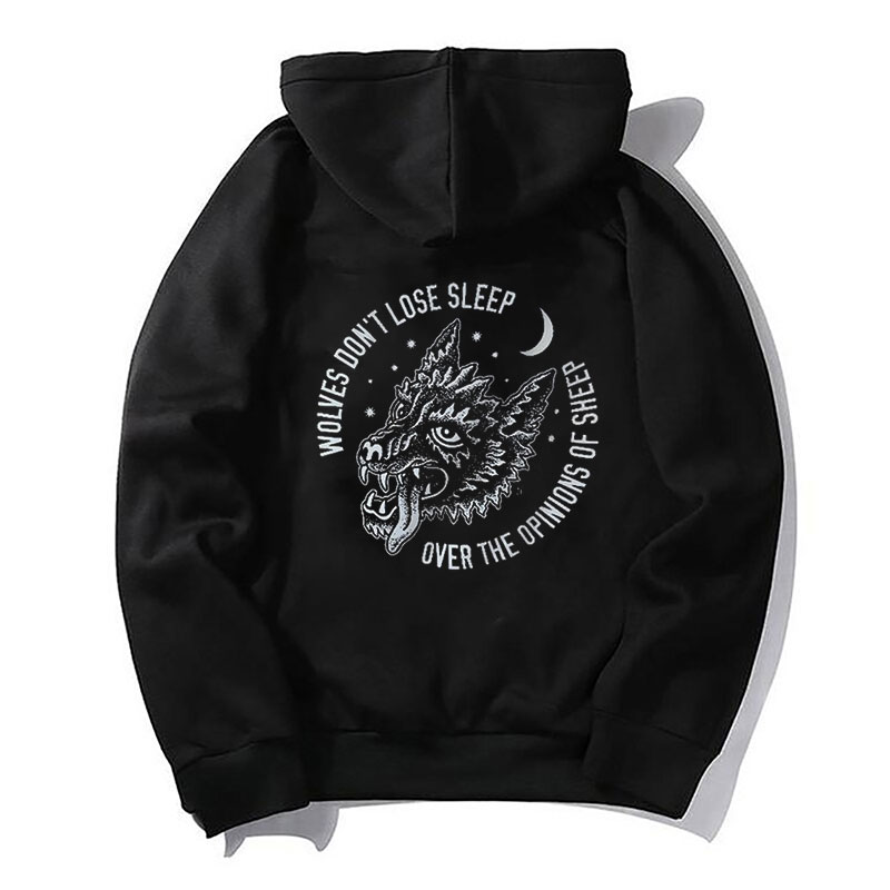 WOLVES DON'T LOSE SLEEP Casual Graphic Black Print Hoodie