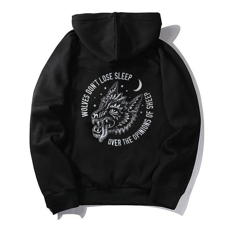 WOLVES DON'T LOSE SLEEP Casual Graphic Black Print Hoodie