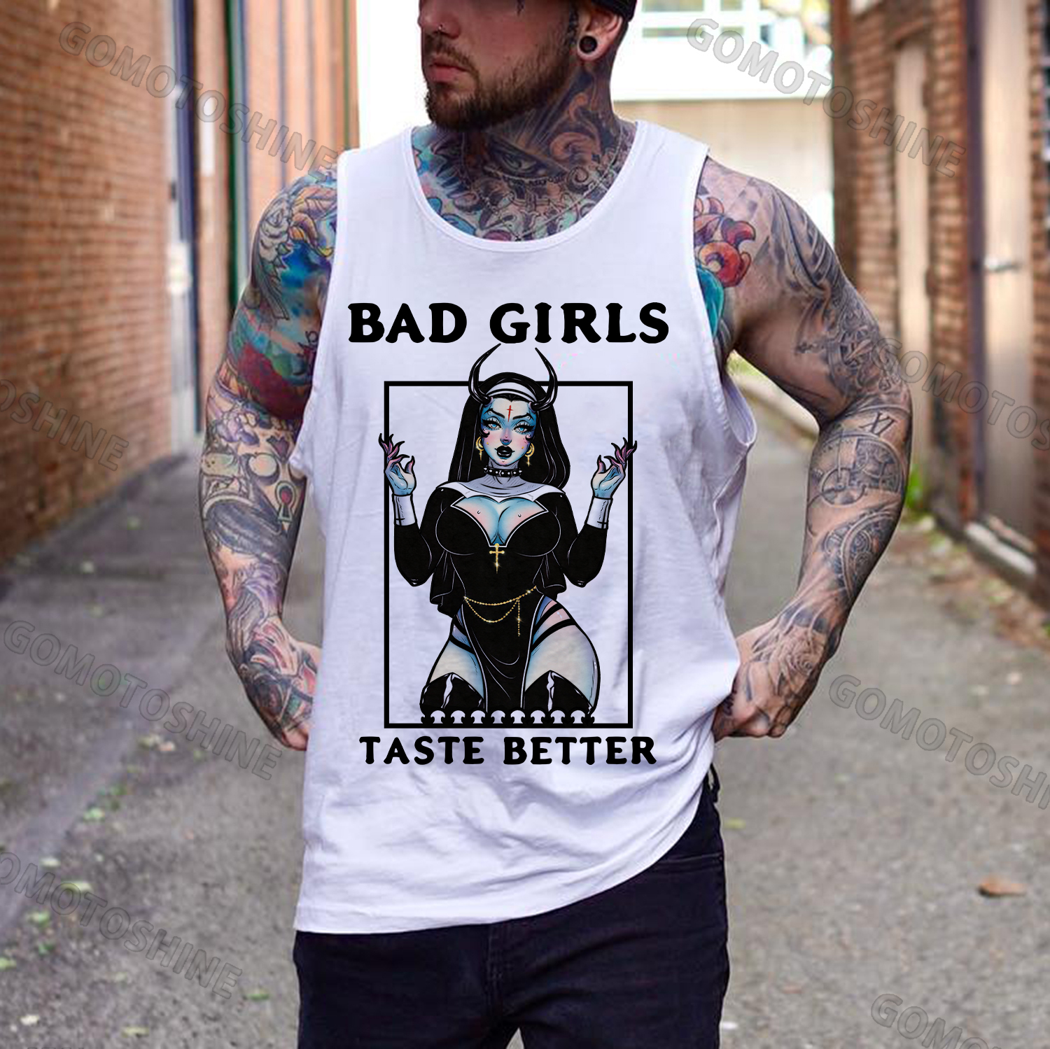 BAD GIRLS TASTE BETTER Sexy Devil Nun Print Men's Vest