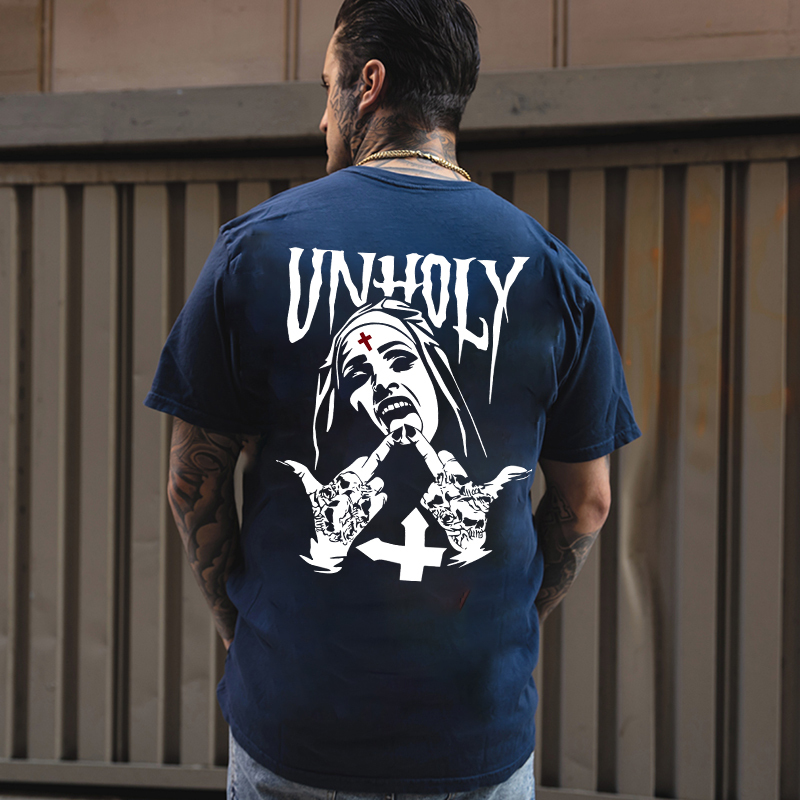 UNHOLY Nun with Crucifix on Forehead Graphic Casual Black Print T-shirt