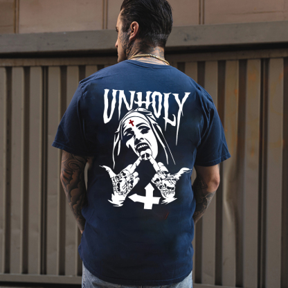 UNHOLY Nun with Crucifix on Forehead Graphic Casual Black Print T-shirt