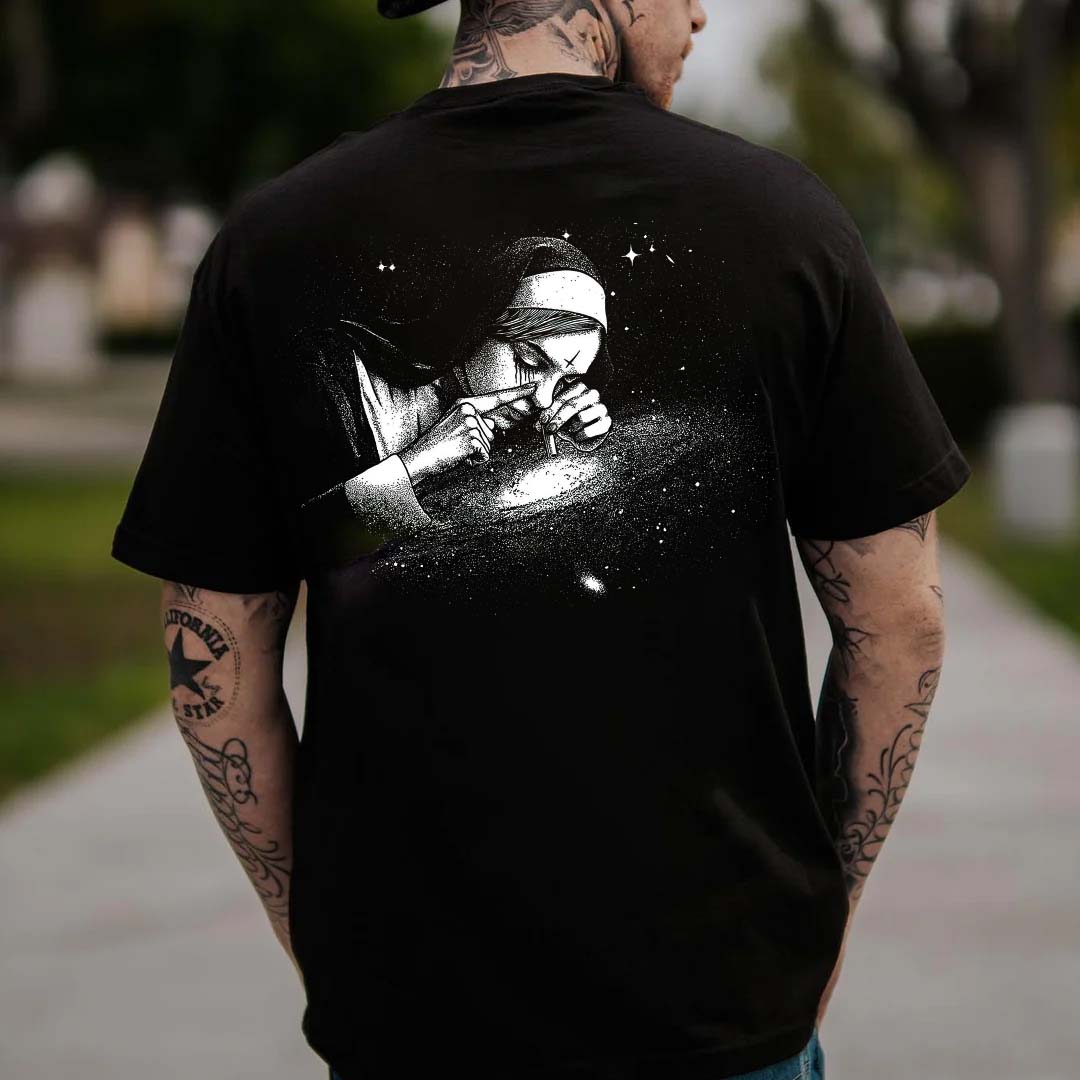 Nun Smoking Dark Style Black Print T-shirt