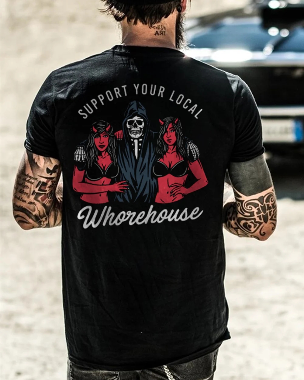 SUPPORT YOUR LOCAL WHOREHOUSE Skull with Sexy Ladies Print T-shirt Image - 5