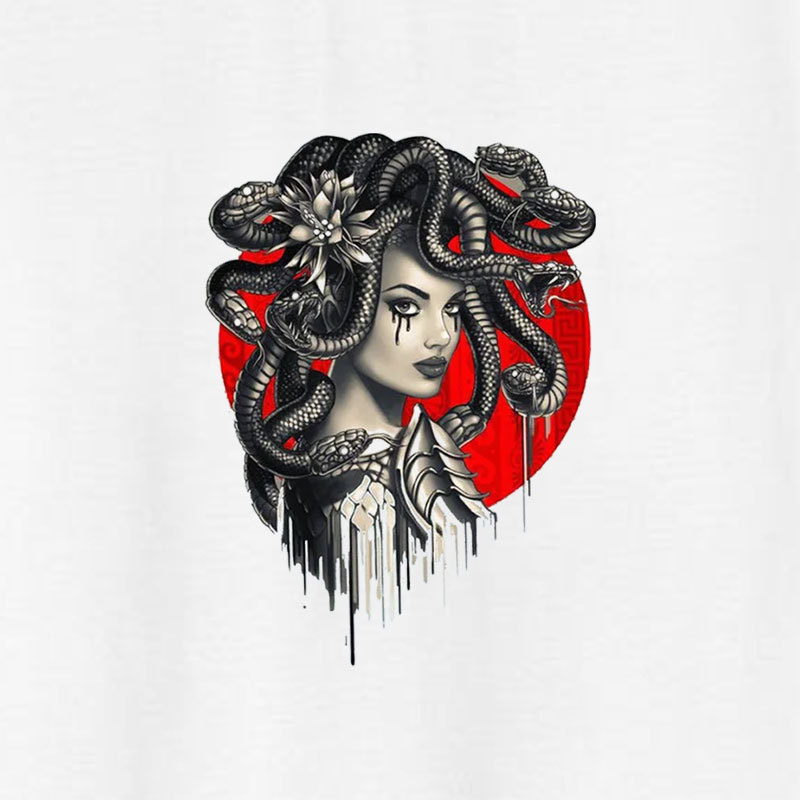 Dark Witch with Snakes Around Her Graphic Casual White Print T-shirt