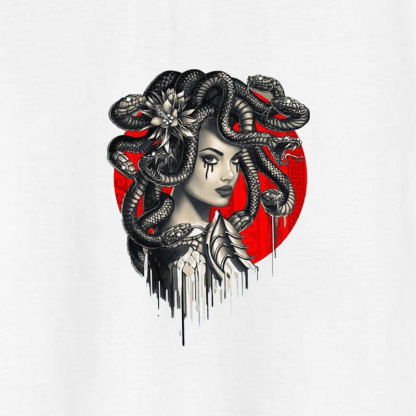 Dark Witch with Snakes Around Her Graphic Casual White Print T-shirt