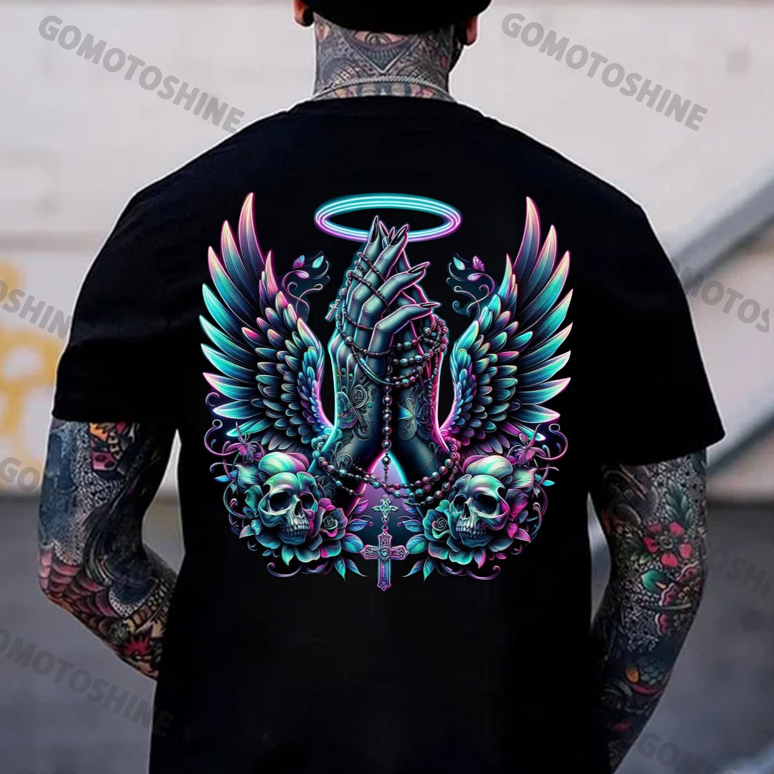 Praying Gesture Angel's Wings Skull Print Men's T-Shirt