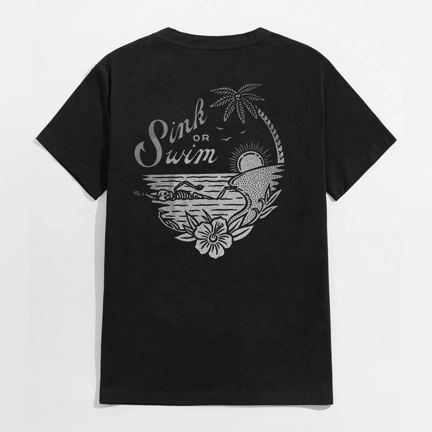 Summer Beach Vacation Skull Swimming Black Print T-shirt