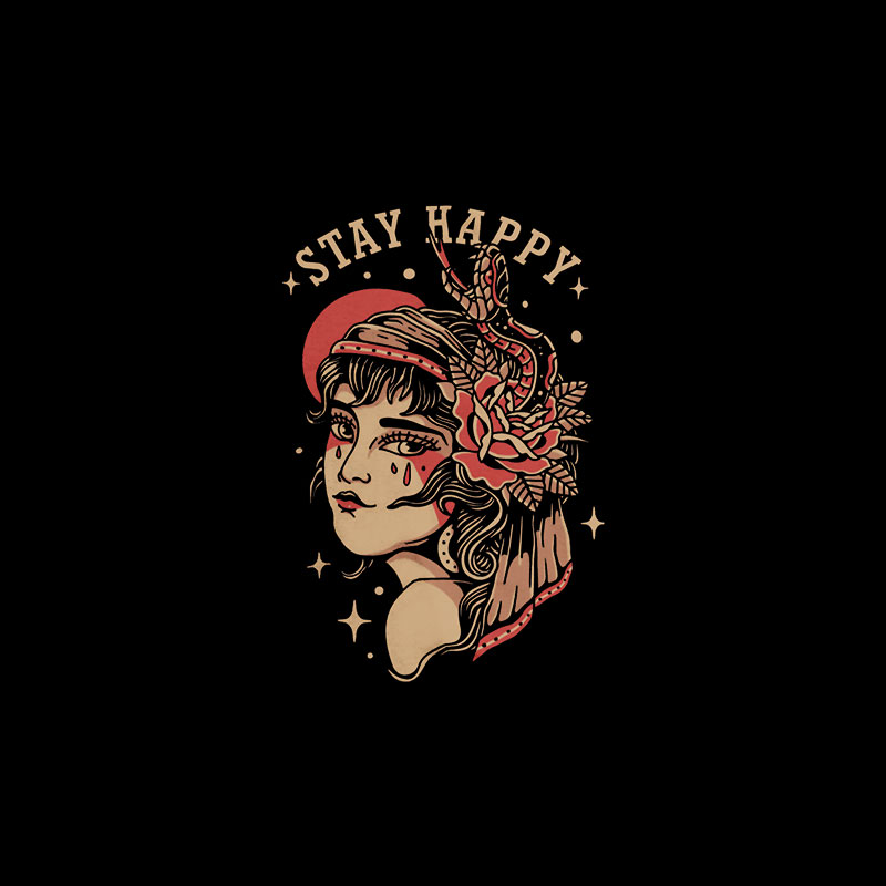 STAY HAPPY Gothic Lady with Snake Rose Black Print T-shirt
